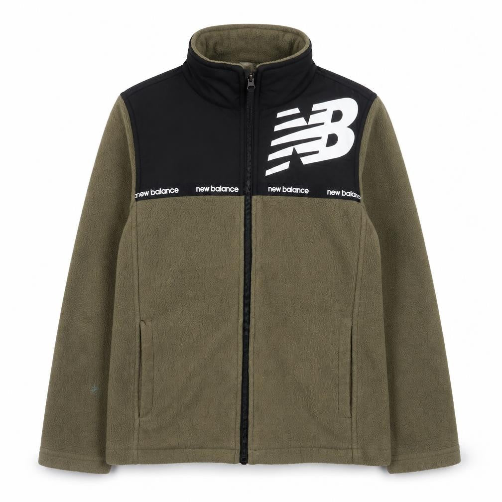 Front view of New Balance boys’ green fleece track jacket, size 8, years full zip