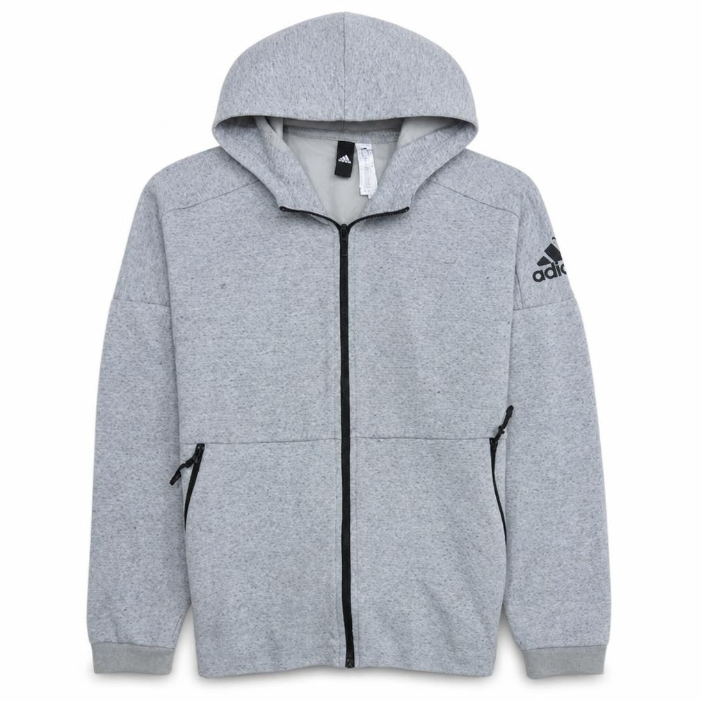 Front view of Adidas Men’s Grey Full Zip Hoodie, size S, Regular Fit Sportswear