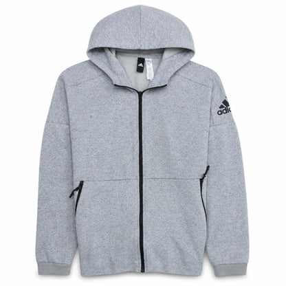 Front view of Adidas Men’s Grey Full Zip Hoodie, size S, Regular Fit Sportswear