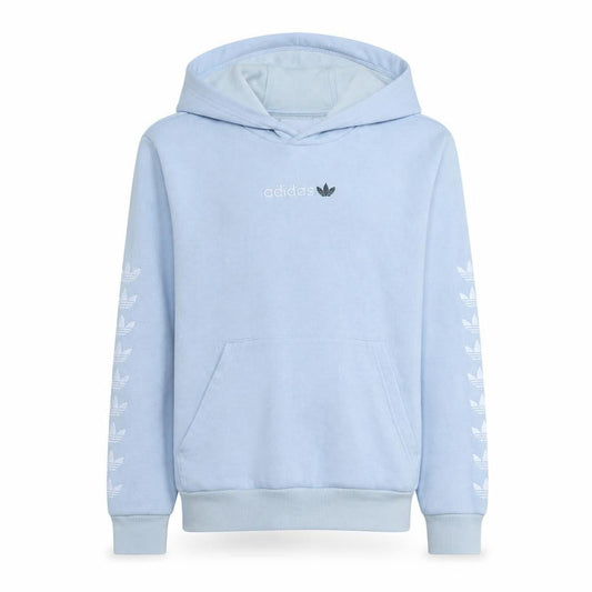 Front view of Adidas girls’ light blue pullover hoodie, size 13-14, years fleece lined