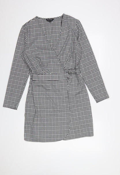 Miss Selfridge Women Black Check Wrap Dress Size 10 Long Sleeve