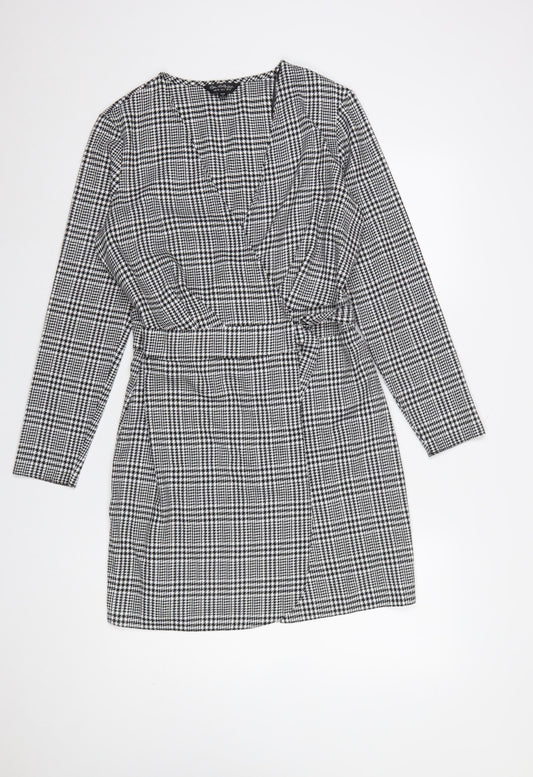 Miss Selfridge Women Black Check Wrap Dress Size 10 Long Sleeve