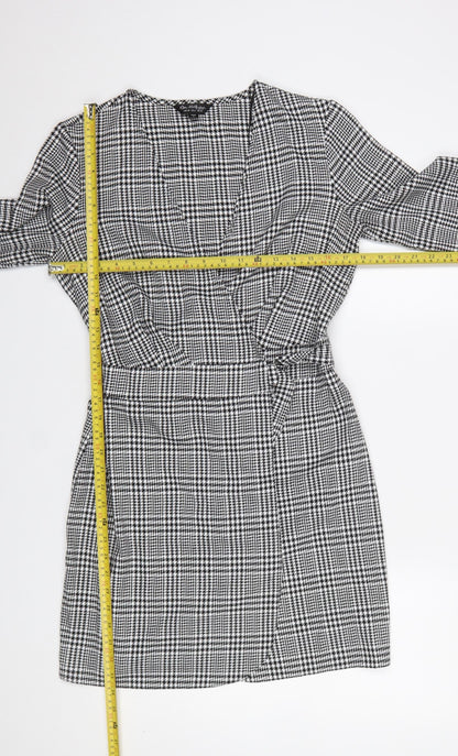 Miss Selfridge Women Black Check Wrap Dress Size 10 Long Sleeve