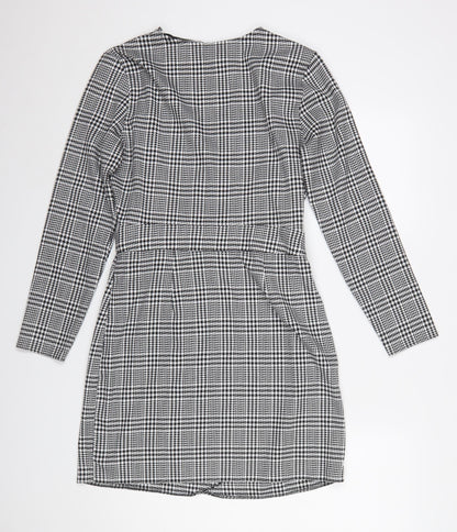 Miss Selfridge Women Black Check Wrap Dress Size 10 Long Sleeve