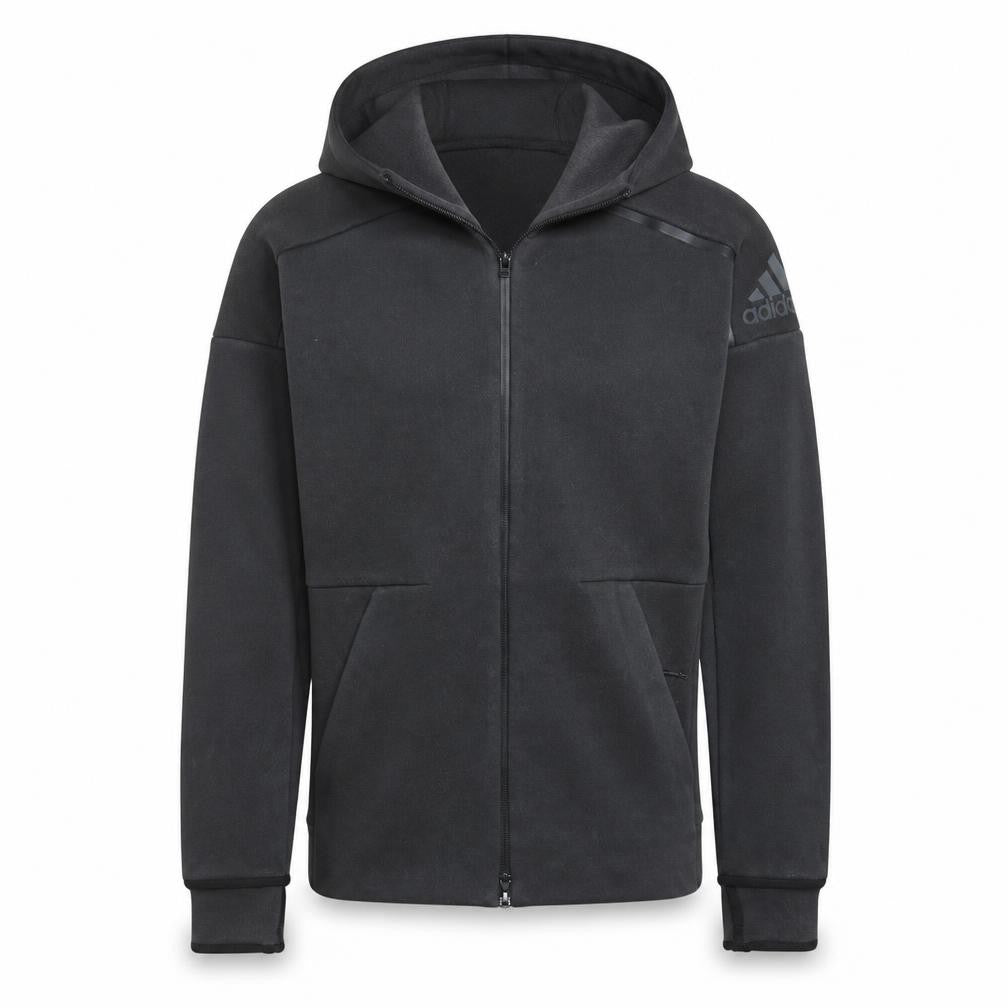 Front view of Adidas Men's Black Full Zip Hooded Fleece Hoodie, size S