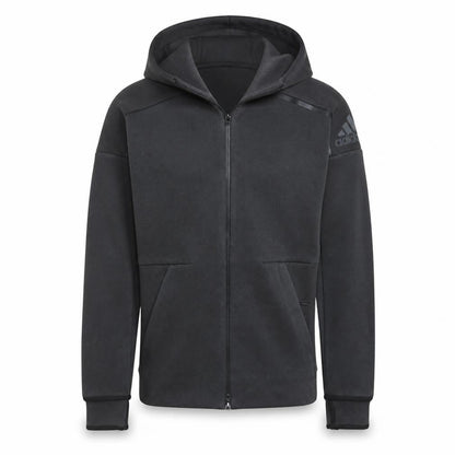 Front view of Adidas Men's Black Full Zip Hooded Fleece Hoodie, size S