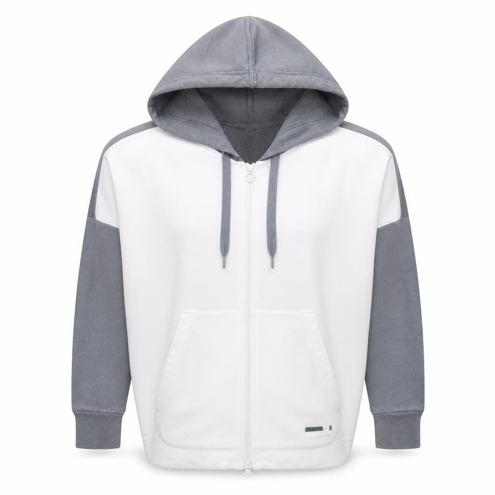 Front view of Adidas StellaSport women’s grey white full zip hoodie, size M