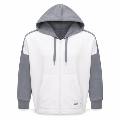Front view of Adidas StellaSport women’s grey white full zip hoodie, size M