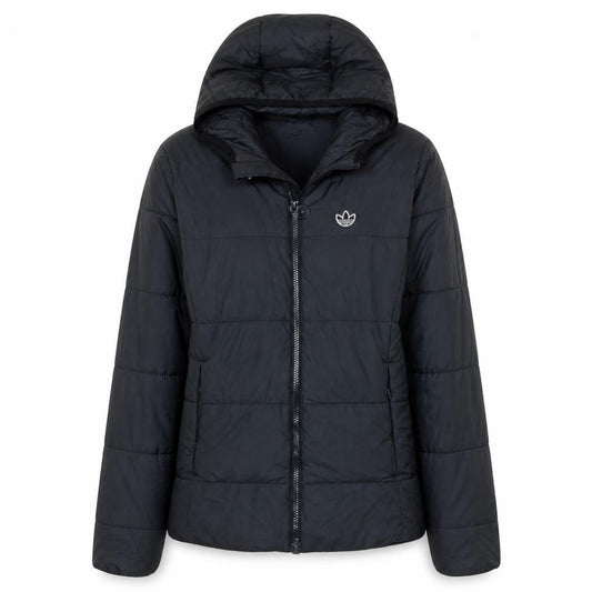 Front view of Adidas Women's Black Hooded Puffer Jacket, size 10