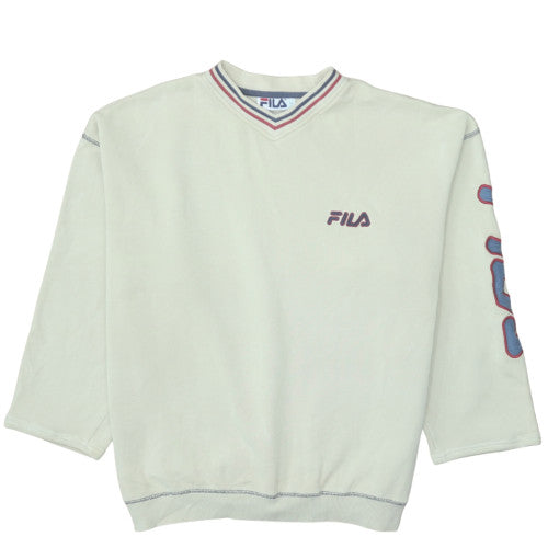Fila Men's White Retro V-Neck Logo Pullover Sweatshirt L