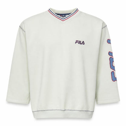 Fila Men's White Retro V-Neck Logo Pullover Sweatshirt L