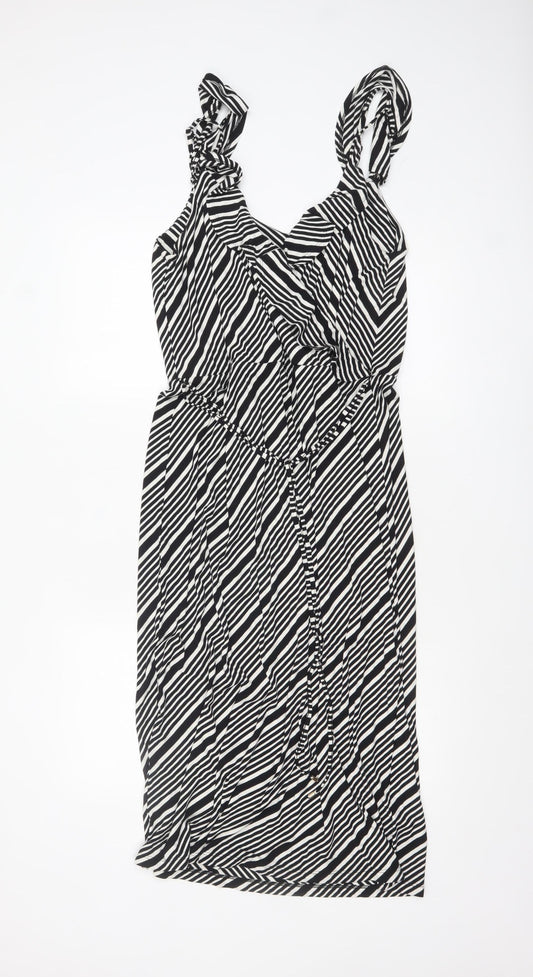 Oasis Women Black Striped Sleeveless Viscose A-Line Midi Dress L