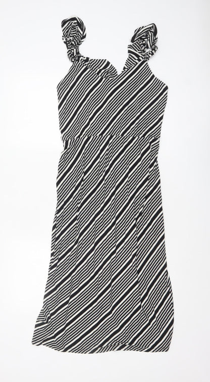 Oasis Women Black Striped Sleeveless Viscose A-Line Midi Dress L