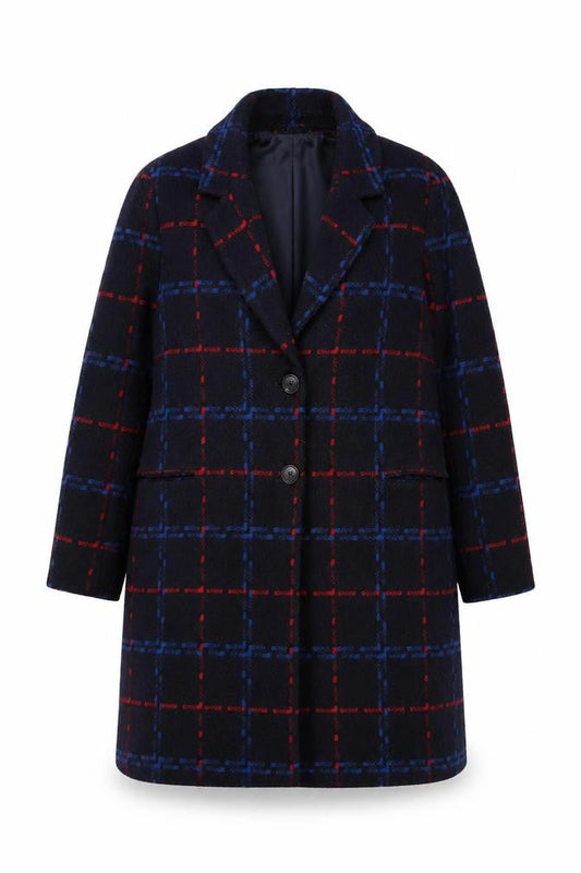 Bonmarché Women Navy Blue Red Check Wool Blend Coat Size 22