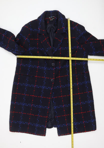 Bonmarché Women Navy Blue Red Check Wool Blend Coat Size 22