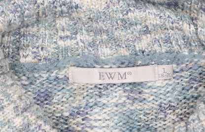 EWM Women’s Blue Chunky Knit Roll Neck Fringed Pullover Jumper L 18-20