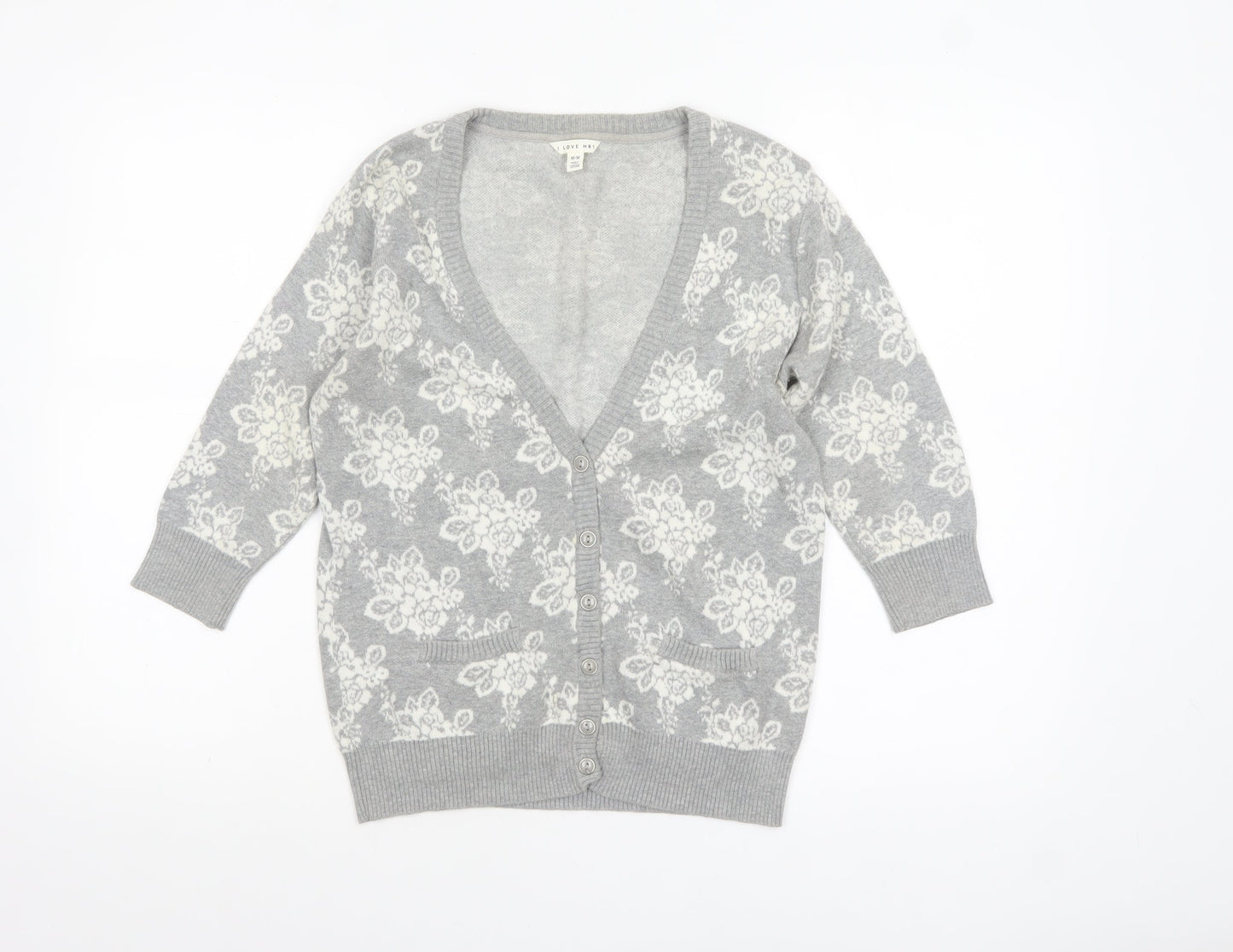 Forever 21 Women’s Grey Floral Knit Cotton Cardigan M V-Neck 3/4 Sleeve
