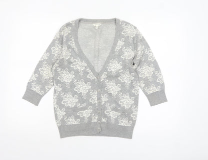 Forever 21 Women’s Grey Floral Knit Cotton Cardigan M V-Neck 3/4 Sleeve