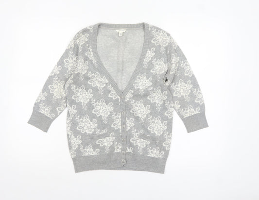 Forever 21 Women’s Grey Floral Knit Cotton Cardigan M V-Neck 3/4 Sleeve