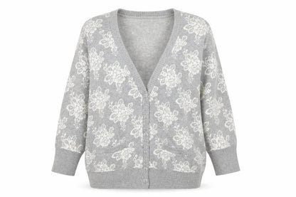Forever 21 Women’s Grey Floral Knit Cotton Cardigan M V-Neck 3/4 Sleeve