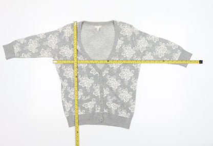 Forever 21 Women’s Grey Floral Knit Cotton Cardigan M V-Neck 3/4 Sleeve
