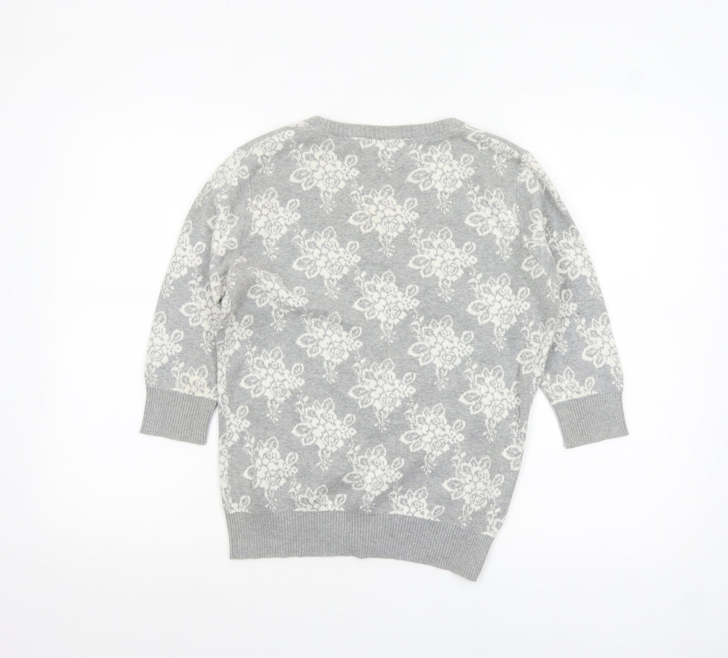 Forever 21 Women’s Grey Floral Knit Cotton Cardigan M V-Neck 3/4 Sleeve