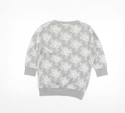 Forever 21 Women’s Grey Floral Knit Cotton Cardigan M V-Neck 3/4 Sleeve