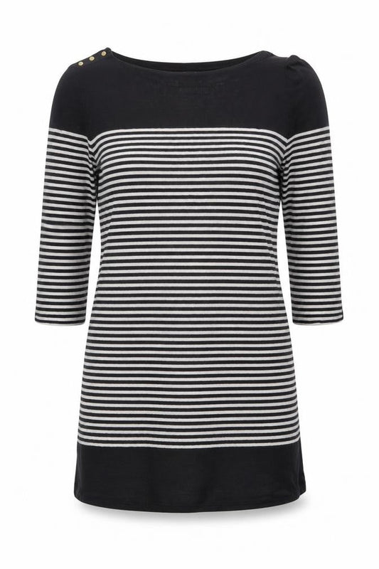 Front view of Massimo Dutti Women’s Black Striped Linen Tunic Jumper, size UK 10