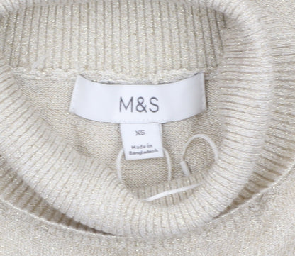 Marks and Spencer Womens Beige Glitter Roll Neck Short Sleeve Jumper XS