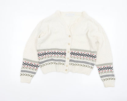 Marks and Spencer Women Ivory Fair Isle V-Neck Cardigan Size 12-14