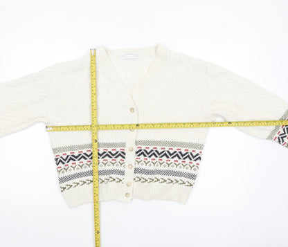 Marks and Spencer Women Ivory Fair Isle V-Neck Cardigan Size 12-14