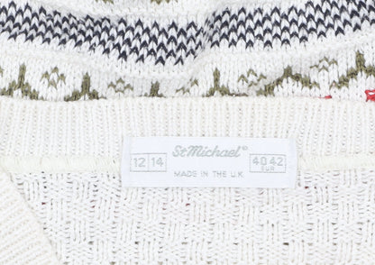 Marks and Spencer Women Ivory Fair Isle V-Neck Cardigan Size 12-14