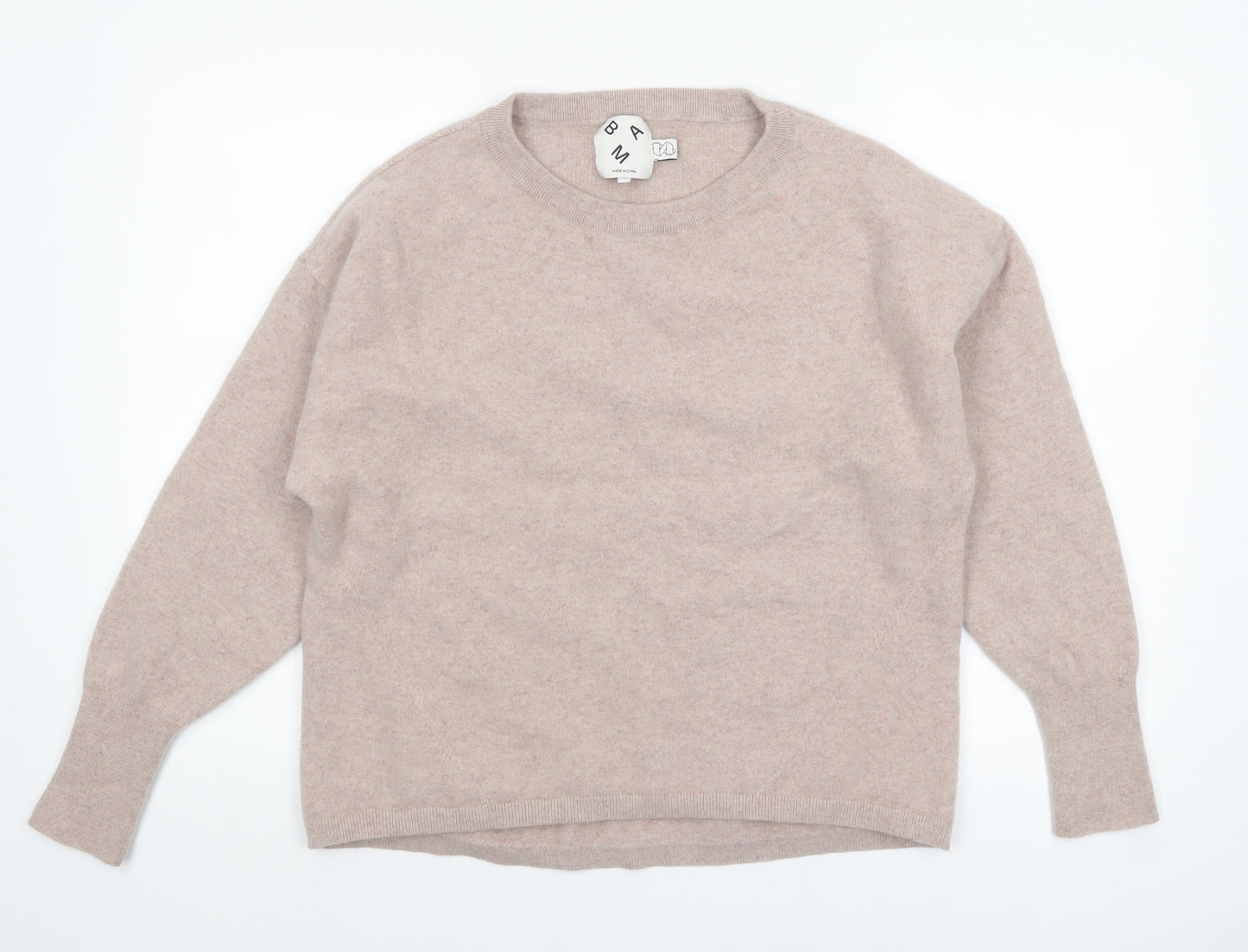 BAM Women Beige Wool Crew Neck Long Sleeve Pullover L Jumper