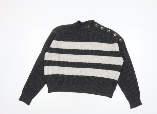 Nutmeg Women Grey & Cream Striped Pullover Jumper Size 8-10