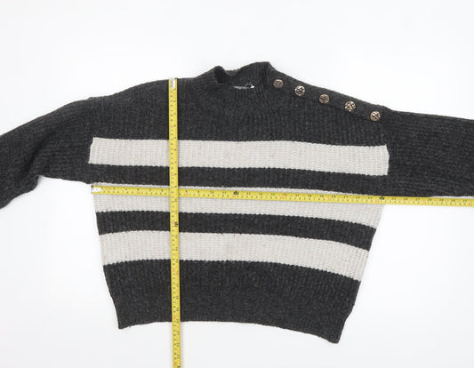 Nutmeg Women Grey & Cream Striped Pullover Jumper Size 8-10
