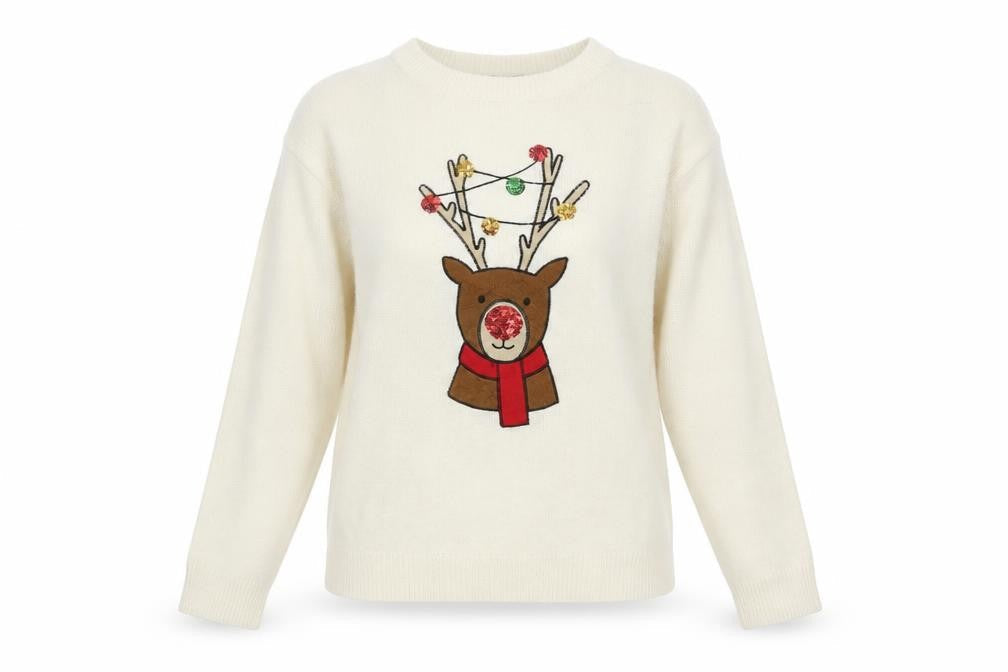Brave Soul Women's Ivory XS Christmas Reindeer Sequin Jumper