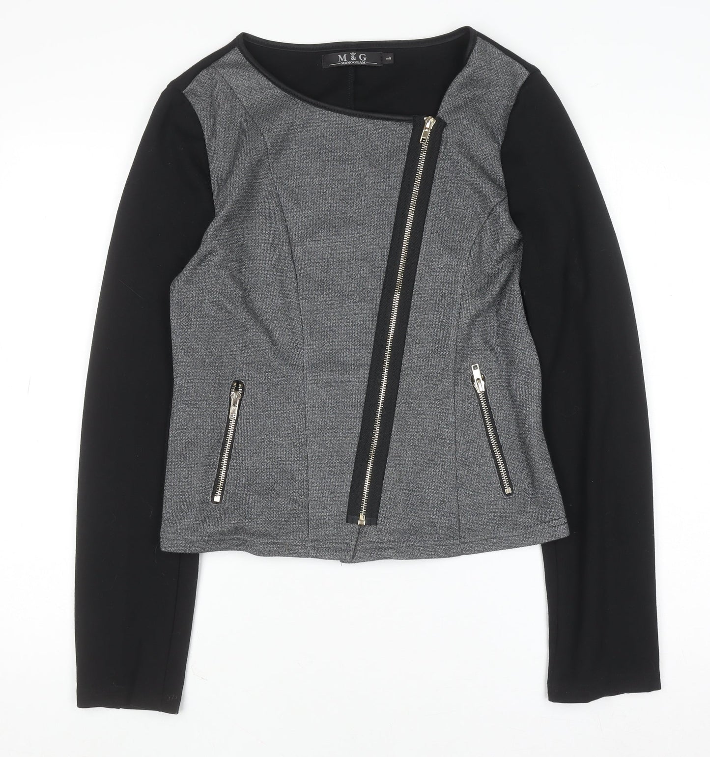 M&G Monogram Womens Grey Black Biker Jacket Size L Zip Style