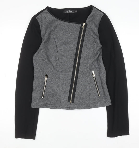 M&G Monogram Womens Grey Black Biker Jacket Size L Zip Style