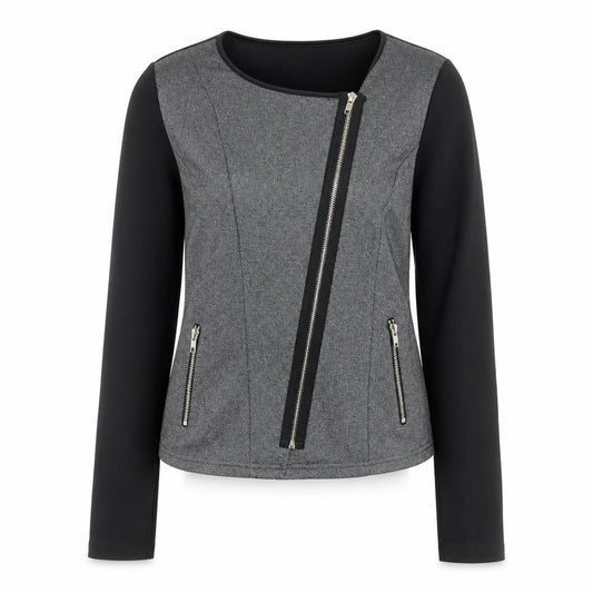 M&G Monogram Womens Grey Black Biker Jacket Size L Zip Style