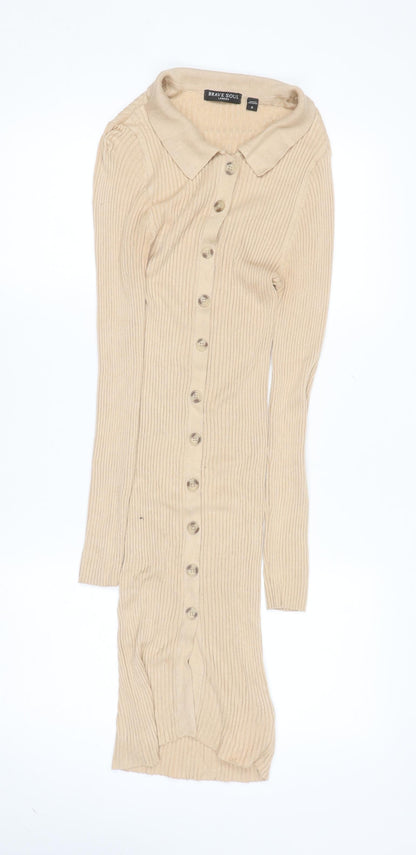 Brave Soul Women's Beige Rib Knit Collared Shirt Dress Size S