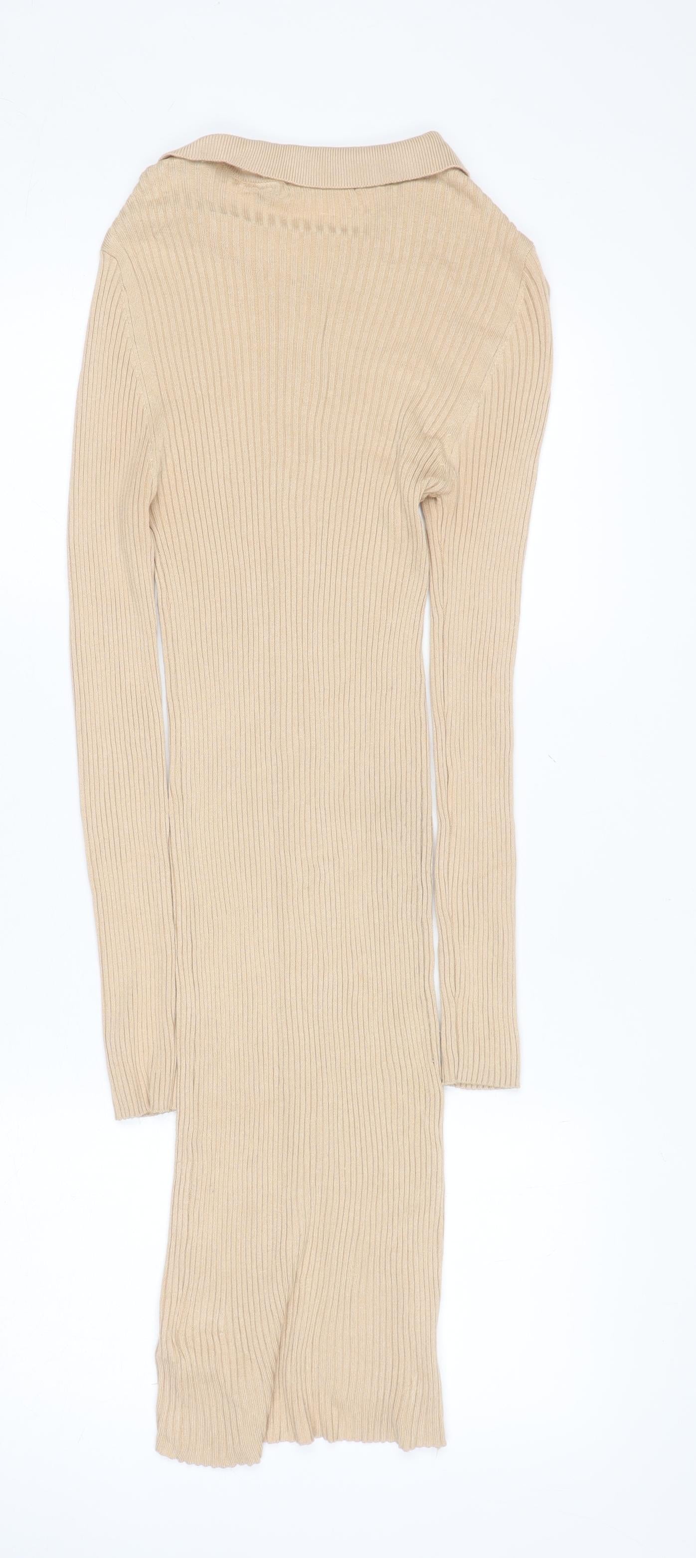 Brave Soul Women's Beige Rib Knit Collared Shirt Dress Size S