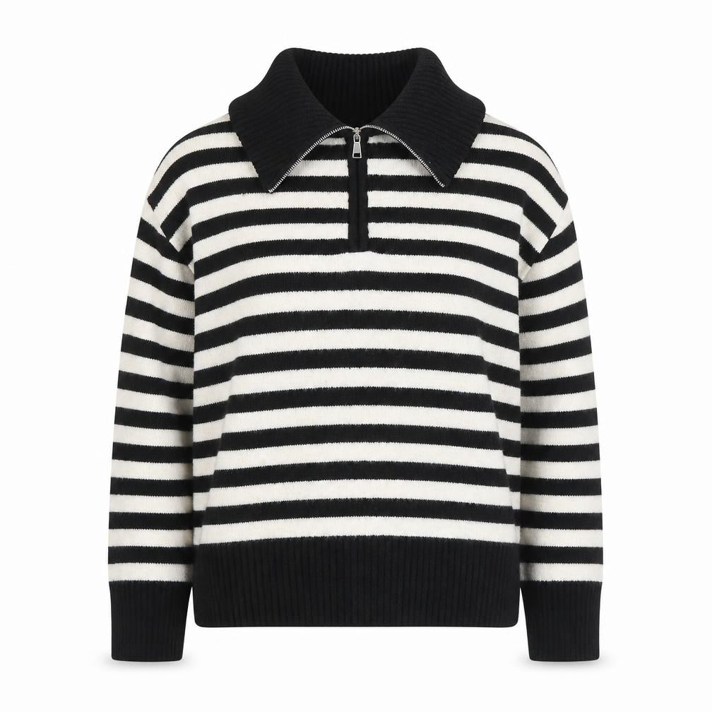 Bershka Women Black Striped Collared 1/4 Zip Knit Jumper Size 12