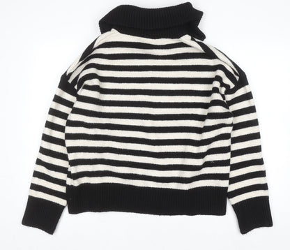 Bershka Women Black Striped Collared 1/4 Zip Knit Jumper Size 12