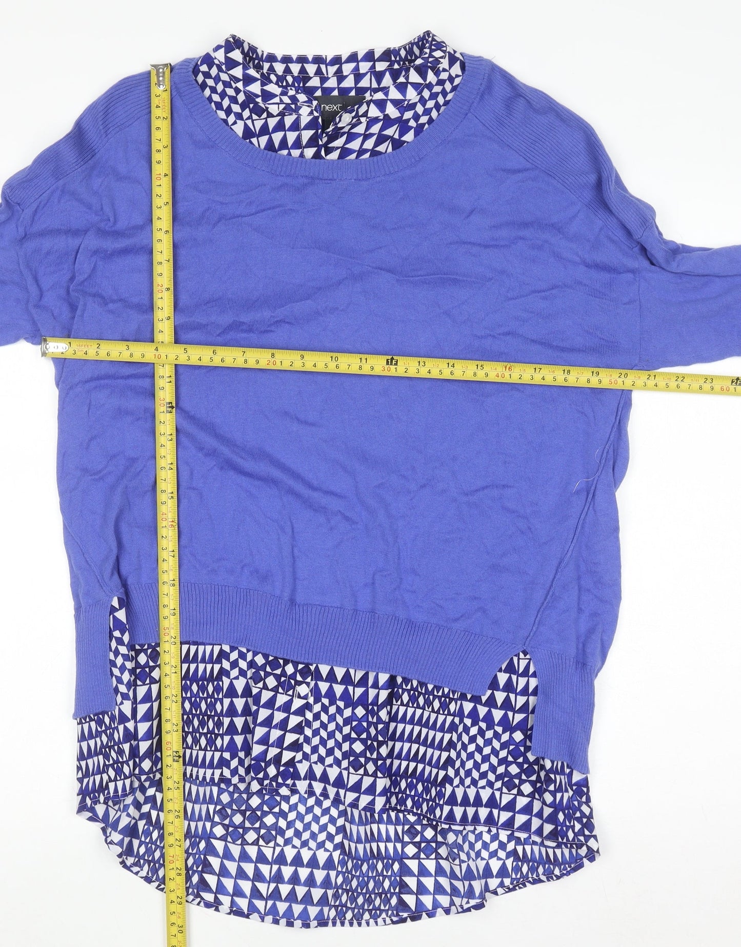 Next Womens Blue Layered Long Sleeve Geometric Blouse Size 14