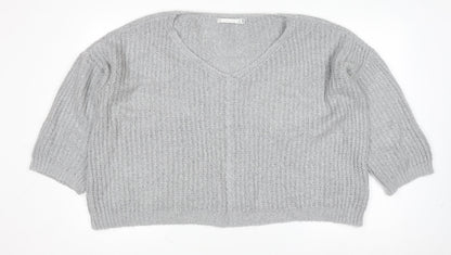Lakeland Women Grey Chunky-Knit Acrylic V-Neck Pullover Jumper Size S