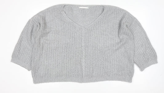 Lakeland Women Grey Chunky-Knit Acrylic V-Neck Pullover Jumper Size S