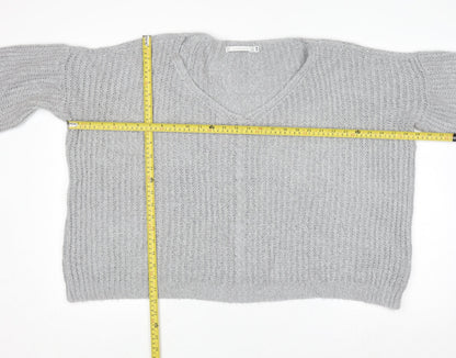 Lakeland Women Grey Chunky-Knit Acrylic V-Neck Pullover Jumper Size S