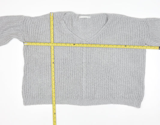 Lakeland Women Grey Chunky-Knit Acrylic V-Neck Pullover Jumper Size S