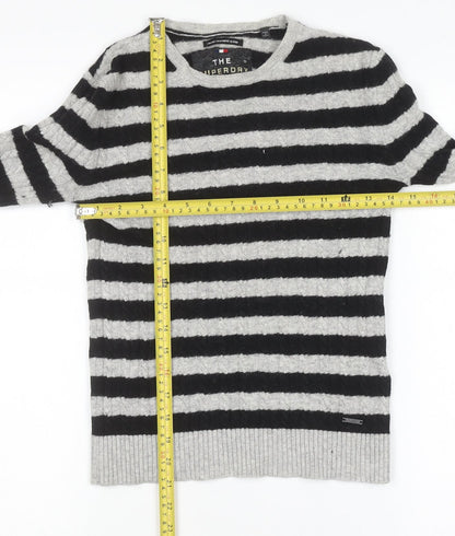 Superdry Womens Black Grey Striped Wool Blend Crew Neck Jumper XS