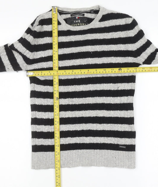 Superdry Womens Black Grey Striped Wool Blend Crew Neck Jumper XS